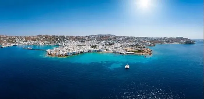 Framed Print : Wide, aerial panorama of the town amd harbour of Mykonos island Framed Print : Wide, aerial panorama of the town amd harbour of Mykonos island