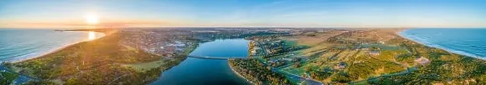 Framed Print : Wide aerial panorama of Warrnambool and Hopkins River at sunset. Victoria, Australia Framed Print : Wide aerial panorama of Warrnambool and Hopkins River at sunset. Victoria, Australia