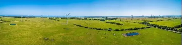 Framed Print : Wide aerial panorama of wind farm and grazelands on bright sunny day in Australia Framed Print : Wide aerial panorama of wind farm and grazelands on bright sunny day in Australia
