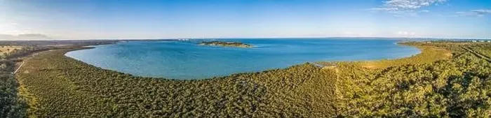 Framed Print : Wide aerial panoramic landscape of coastal wetlands in Australia Framed Print : Wide aerial panoramic landscape of coastal wetlands in Australia