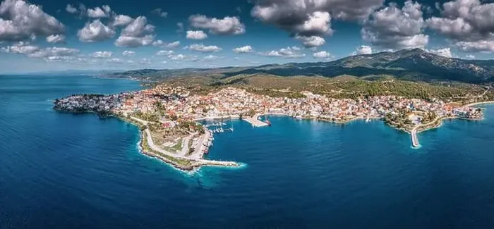 Framed Print : Wide aerial panoramic view of a resort sea town Neos Marmaras in Halkidiki Framed Print : Wide aerial panoramic view of a resort sea town Neos Marmaras in Halkidiki