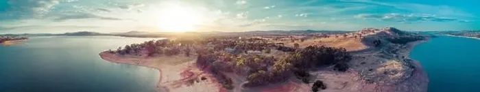 Framed Print : Wide aerial pnorama of Lake Hume Village at sunset. New South Wales, Australia Framed Print : Wide aerial pnorama of Lake Hume Village at sunset. New South Wales, Australia