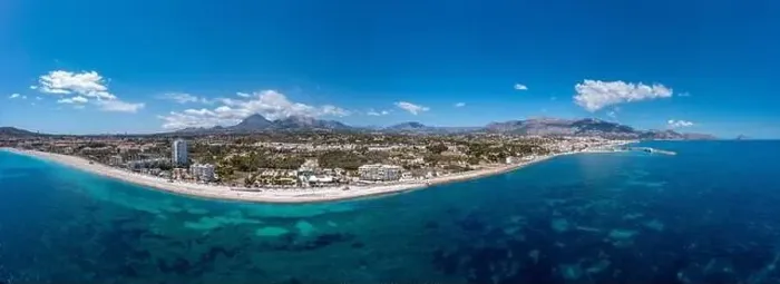 Framed Print : Wide angle aerial drone photo of the Spanish town of L'Albir in Spain Alicante showing the beach front on a sunny Framed Print : Wide angle aerial drone photo of the Spanish town of L'Albir in Spain Alicante showing the beach front on a sunny