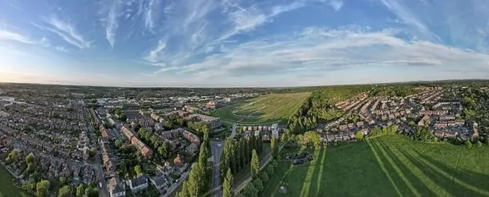 Framed Print : Wide angle aerial view over Newbury Racecourse at golden hour Framed Print : Wide angle aerial view over Newbury Racecourse at golden hour
