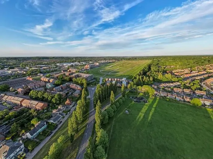 Framed Print : Wide angle aerial view over Newbury Racecourse at golden hour Framed Print : Wide angle aerial view over Newbury Racecourse at golden hour