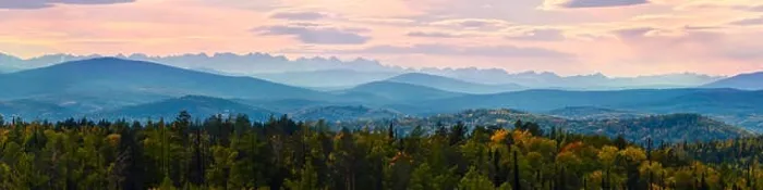 Framed Print : Wide angle panorama autumn forest, misty hills mountain tops in pink dawn Framed Print : Wide angle panorama autumn forest, misty hills mountain tops in pink dawn