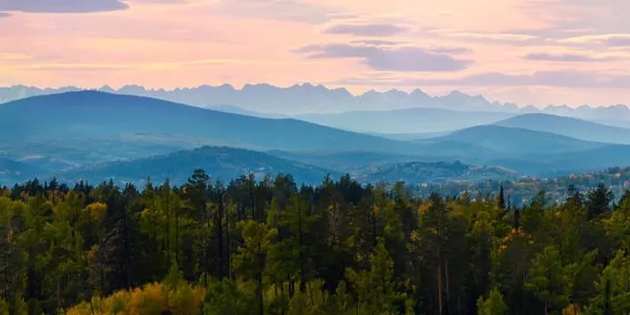 Framed Print : Wide angle panorama autumn forest, misty hills mountain tops in pink dawn Framed Print : Wide angle panorama autumn forest, misty hills mountain tops in pink dawn