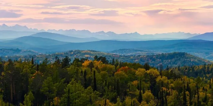 Framed Print : Wide angle panorama autumn forest, misty hills mountain tops in pink dawn Framed Print : Wide angle panorama autumn forest, misty hills mountain tops in pink dawn