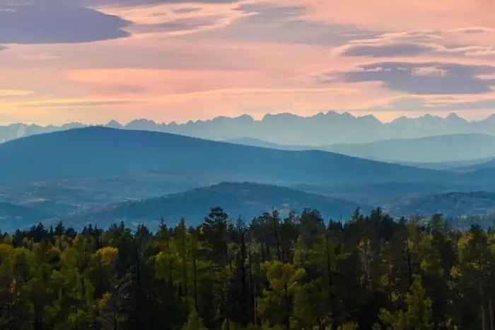 Framed Print : Wide angle panorama autumn forest, misty hills mountain tops in pink dawn Framed Print : Wide angle panorama autumn forest, misty hills mountain tops in pink dawn
