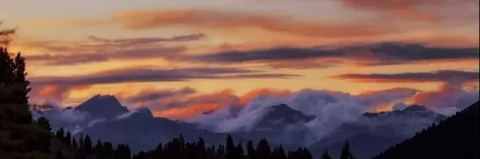Framed Print : Wide angle panorama silhouette forest and mountain tops in red orange blue clouds gradient sunset Framed Print : Wide angle panorama silhouette forest and mountain tops in red orange blue clouds gradient sunset