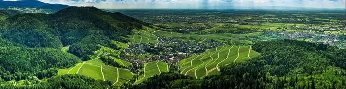 Framed Print : Wide hires panoramic landscape view of Black Forest vineyard valley, aerial, Germany Framed Print : Wide hires panoramic landscape view of Black Forest vineyard valley, aerial, Germany