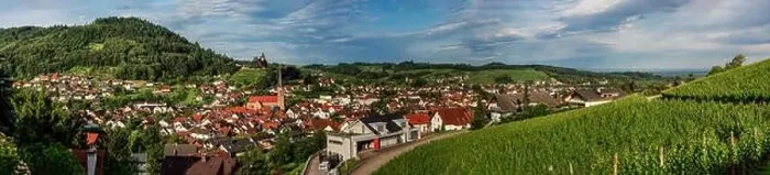 Framed Print : Wide hires panoramic landscape view of green valley in Schwartzwald. Green hills with vineyards and old medieval castle Framed Print : Wide hires panoramic landscape view of green valley in Schwartzwald. Green hills with vineyards and old medieval castle