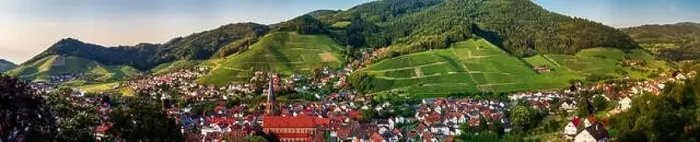 Framed Print : Wide hires panoramic landscape view of green valley in Schwartzwald. Green hills with vineyards and old medieval castle Framed Print : Wide hires panoramic landscape view of green valley in Schwartzwald. Green hills with vineyards and old medieval castle