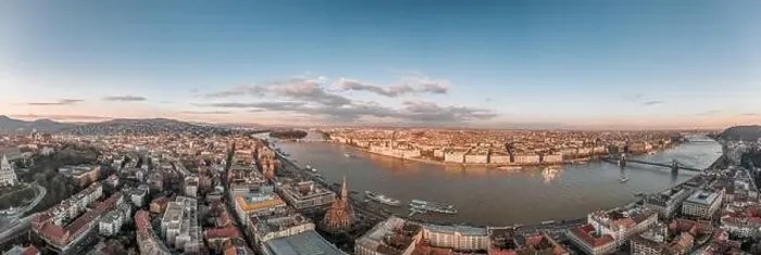 Framed Print : Wide panorama aerial drone view of Parliament by danube river in Budapest sunset Framed Print : Wide panorama aerial drone view of Parliament by danube river in Budapest sunset
