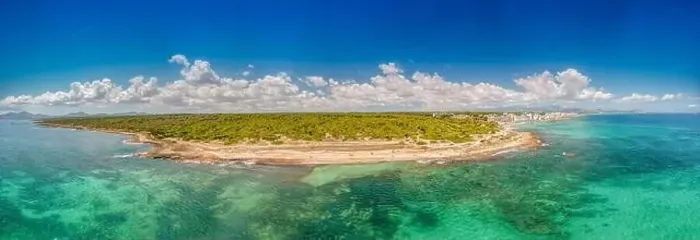 Framed Print : Wide panoramic aerial drone photo taken on the beautiful island of Majorca Mallorca in Spain showing the beach Framed Print : Wide panoramic aerial drone photo taken on the beautiful island of Majorca Mallorca in Spain showing the beach