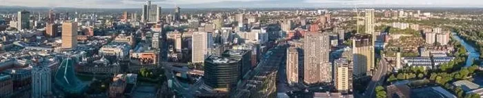 Framed Print : Very wide panoramic aerial image of Manchester and Salford city centres Framed Print : Very wide panoramic aerial image of Manchester and Salford city centres