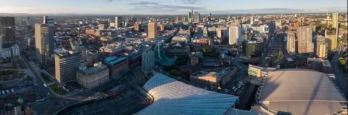 Framed Print : Wide panoramic aerial photograph of Manchester and Salford city centres Framed Print : Wide panoramic aerial photograph of Manchester and Salford city centres