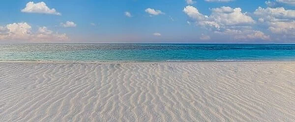 Wide paradise beach panorama background. Relax summer landscape, closeup sand texture, soft blue sky, sunny. Amazing panoramic tropical beach coast