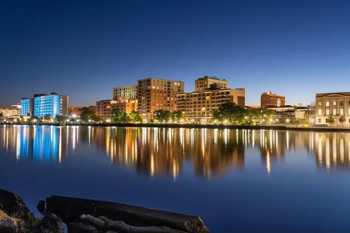 Framed Print : Wilmington, North Carolina, USA downtown city skyline on the Cape Fear River at night Framed Print : Wilmington, North Carolina, USA downtown city skyline on the Cape Fear River at night