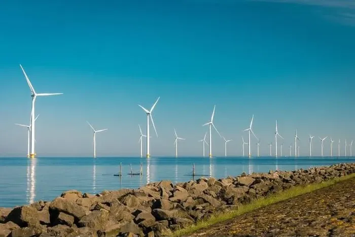 Framed Print : Wind turbine from aerial view