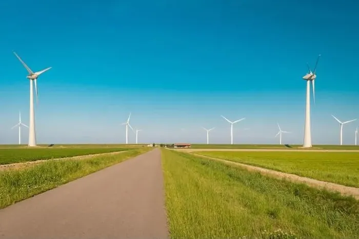 Framed Print : Wind turbine from aerial view