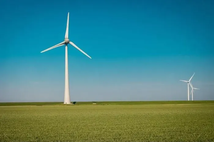 Framed Print : Wind turbine from aerial view