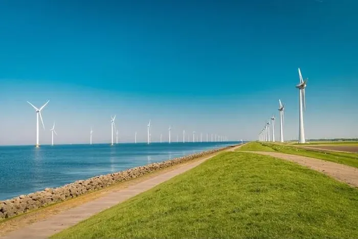 Framed Print : Wind turbine from aerial view