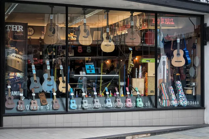 Framed Print : window display of a guitar shop. Ipswich, UK Framed Print : window display of a guitar shop. Ipswich, UK