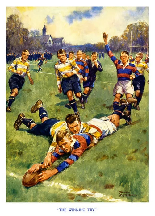 Framed Print : The Winning Try 1930s boys magazine illustration of the final score in a school rugby game Framed Print : The Winning Try 1930s boys magazine illustration of the final score in a school rugby game