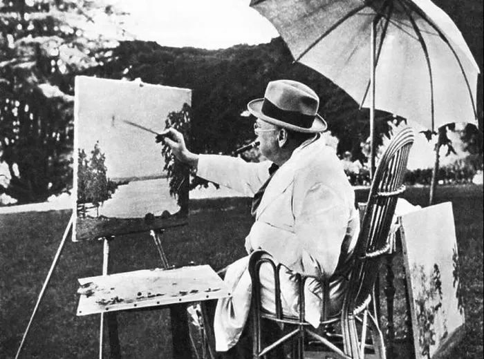 Framed Print : Winston Churchill painting at the Swiss villa where he spent his summer holiday. 1946 Framed Print : Winston Churchill painting at the Swiss villa where he spent his summer holiday. 1946