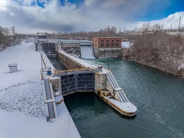 Framed Print : Winter aerial Image of the Erie Canal Locks found in Seneca Falls, NY, between Seneca Lake and Cayuga Lake