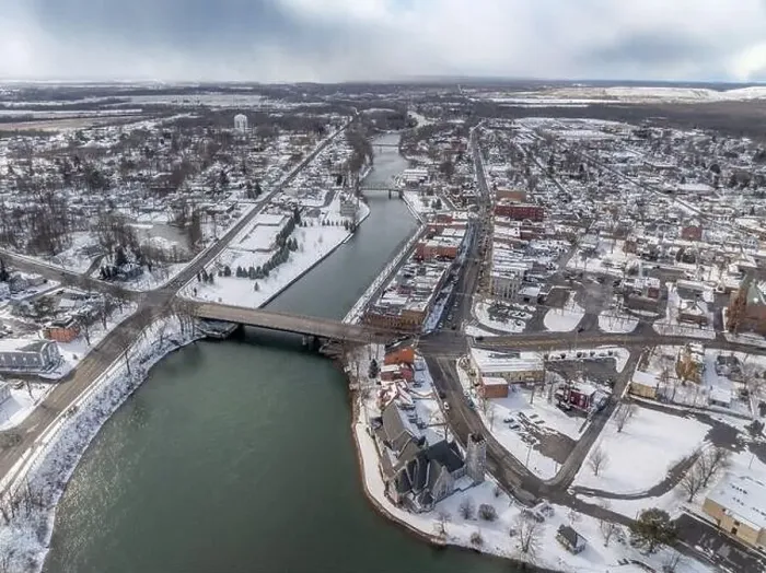 Framed Print : Winter aerial Image of Seneca Falls, NY on a cloudy afternoon Framed Print : Winter aerial Image of Seneca Falls, NY on a cloudy afternoon
