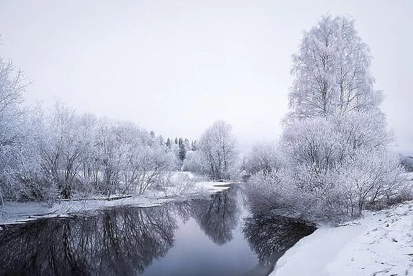 Winter landscape with frosty trees and peaceful river at evening in Finland