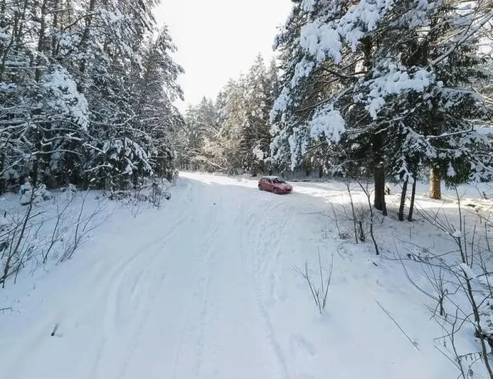 Framed Print : Winter landscape, snowy forest and little red car Framed Print : Winter landscape, snowy forest and little red car