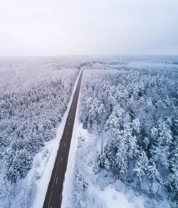 Framed Print : Winter Road in the Forest, Aerial View Framed Print : Winter Road in the Forest, Aerial View