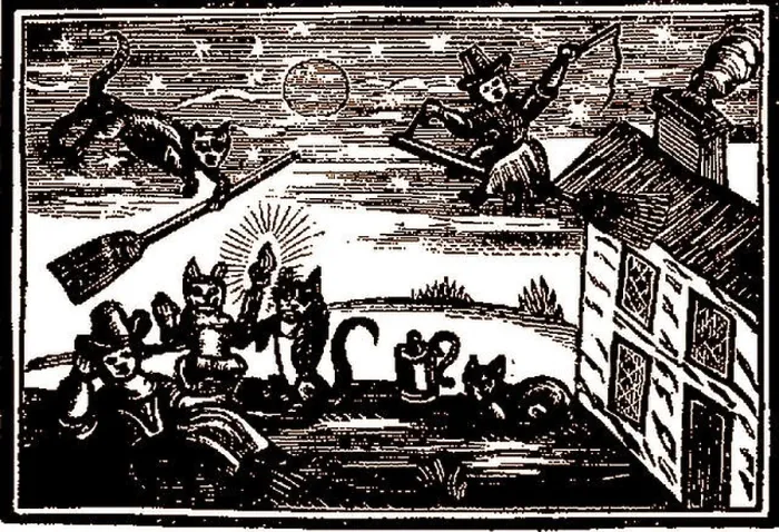 Framed Print : WITCHCRAFT - An 18th century woodcut engraving - A witch riding her broomstick whilst another below is surrounded by her familiars Framed Print : WITCHCRAFT - An 18th century woodcut engraving - A witch riding her broomstick whilst another below is surrounded by her familiars