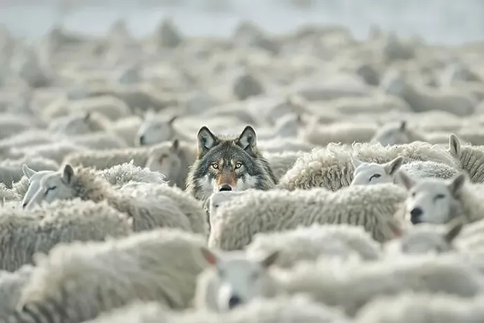 Framed Print : A wolf pretending to be a sheep, in a flock of sheep. Concept of danger and tension, confrontation and mismatch Framed Print : A wolf pretending to be a sheep, in a flock of sheep. Concept of danger and tension, confrontation and mismatch