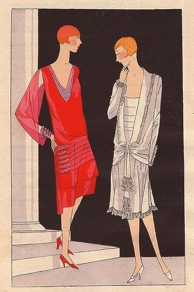 Woman in afternoon dress in Moroccan red embroidered with silver, and woman in ivory crepe dress trimmed with lace