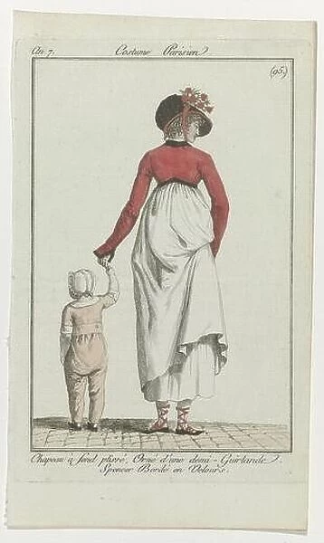 Woman with child in hand. Hat, behind pleated, decorated with flowers, 'demi-garland. Spencer trimmed with velvet