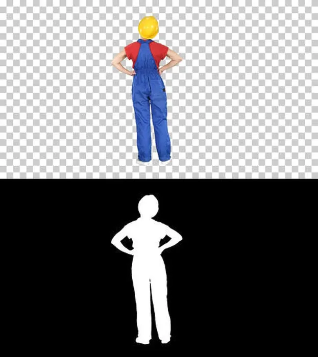 Framed Print : Woman engineer in construction helmet stands with hands on hips, Alpha Channel Framed Print : Woman engineer in construction helmet stands with hands on hips, Alpha Channel