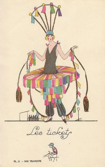 Framed Print : Woman in fancy dress costume made from betting stubs, les tickets, 1920s Framed Print : Woman in fancy dress costume made from betting stubs, les tickets, 1920s