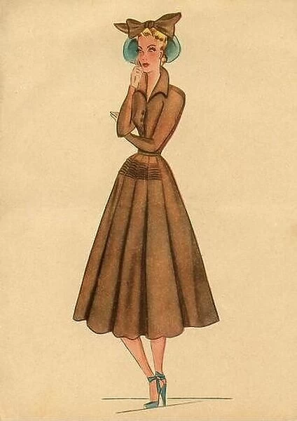 Woman fashion illustration drawing: Sketch of clothes and accessories, Italy 1940s