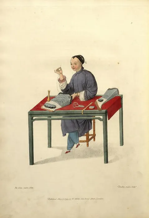 Framed Print : A woman making stockings, The costume of China