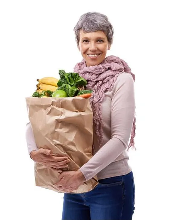 Framed Print : Woman, paper bag and portrait with vegetables for shopping Framed Print : Woman, paper bag and portrait with vegetables for shopping