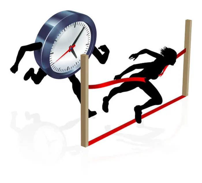 Framed Print : A woman racing against a clock character beating it to the finish line Framed Print : A woman racing against a clock character beating it to the finish line