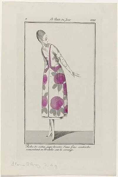 Woman in a satin dress with floral pattern. The skirt is embroidered with a thin soutache, like the bands on the bodice