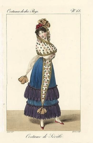 Woman of Seville, Spain, 19th century. She wears a ribbon tied in a bow over her ringlets, a fringed petticoat and a distinctive shawl