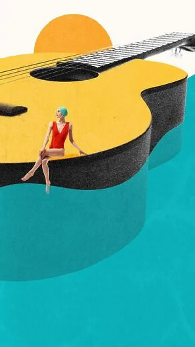 Framed Print : Woman in swimsuit and cap sitting on edge of giant acoustic guitar floating on water. Festival Framed Print : Woman in swimsuit and cap sitting on edge of giant acoustic guitar floating on water. Festival