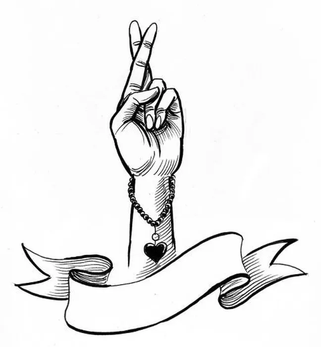 Framed Print : Women hand with fingers crossed and blank banner. Ink black and white drawing Framed Print : Women hand with fingers crossed and blank banner. Ink black and white drawing