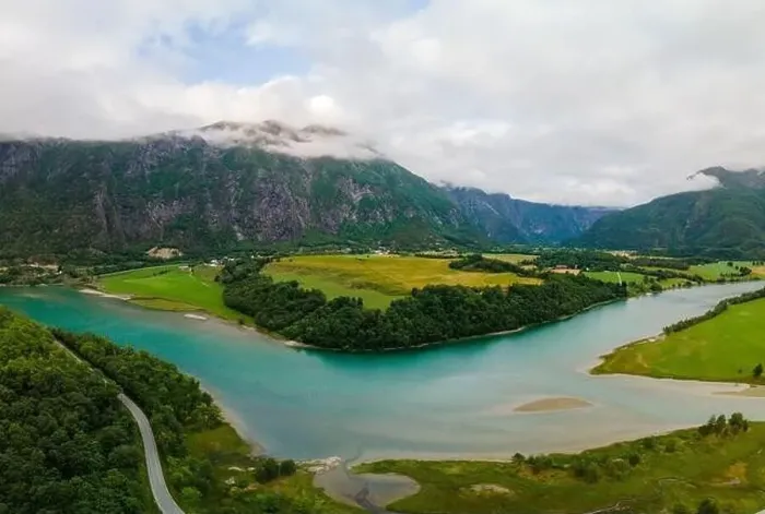 Framed Print : Wonderful aerial drone view of Rauma river, mountains and Andalsnes city Framed Print : Wonderful aerial drone view of Rauma river, mountains and Andalsnes city